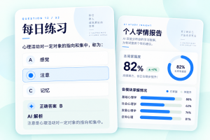 突破者每日練習、AI解析與個人學習報告界面組合示例